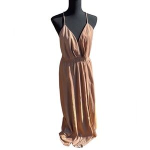SYMPHONY WOMEN LONG ROSE GOLD FORMAL GLITTER DRESS WITH CRISS CROSS SPRAPS SZ LG
